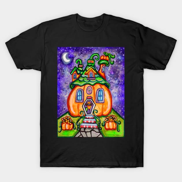 Whimsical Halloween Pumpkin House T-Shirt by Art by Deborah Camp